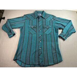 Vintage American Hero Western Shirt Mens Large Teal Stripe Pearl Snap